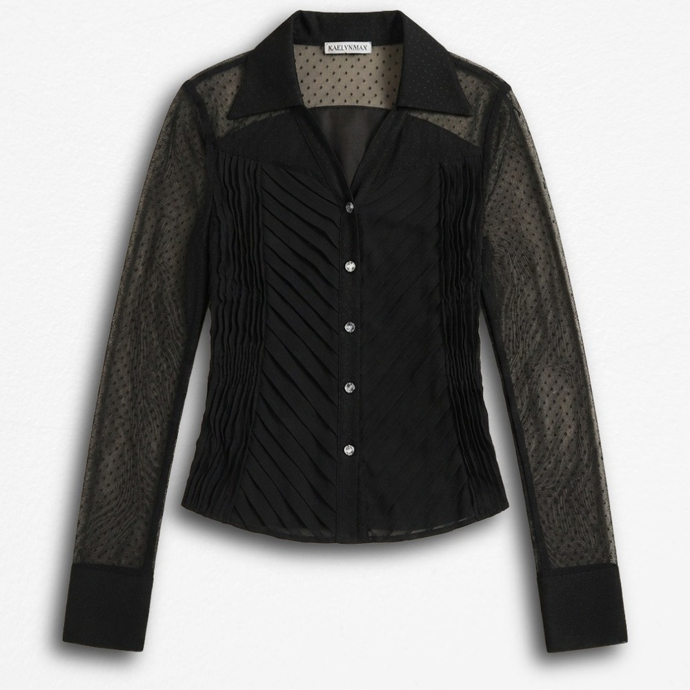 Kaelyn Max Black Sheer Mesh Pleated Blouse Rhinestone Button Top Women Small